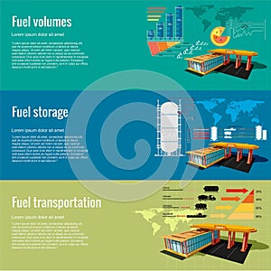 Gas station fuel storage, volumes and transportation business planning profitable idea. Three flat concept background