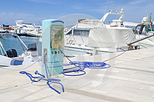 Gas station harbor power supply marina blue pump pier white