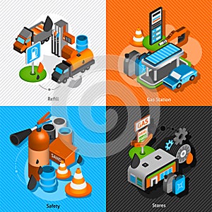 Gas station isometric 4 pictograms composition