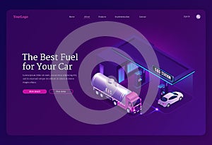 Gas station isometric landing page, cars refueling