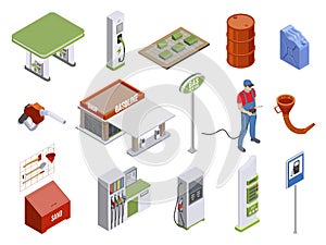 Gas station isometric set vector illustration. Collection gasoline petroleum filling columns