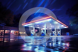 A gas station lit up at night in the rain. Generative AI image.