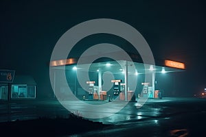 Gas station at midnight, in fog. Generative AI