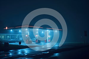 Gas station at midnight, in fog. Generative AI