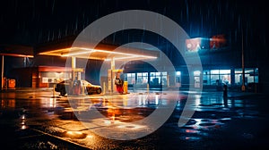 Gas station at night with car parked in front of the gas station. Generative AI