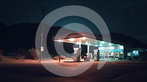 Gas station at night. Gasoline and oil industry. Generative AI