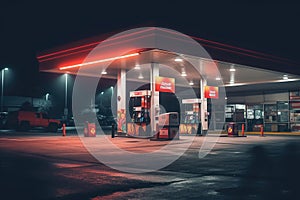 A gas station at night, illuminated by bright lights, with cars filling up, people bustling, and the glowing signs of