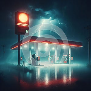 Gas station at night with lightning in the sky.