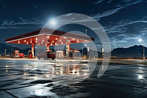 A gas station at night with a red car parked in front of it