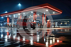 A gas station at night with a red car parked in front of it