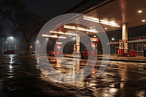 A gas station at night with a red light