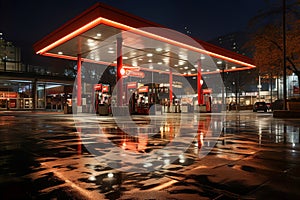 A gas station at night with a red light