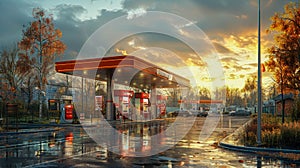 Gas station at night with reflection in puddle and cloudy sky