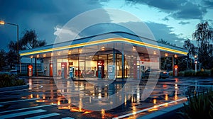 Gas station at night with reflection in puddle and cloudy sky