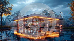 Gas station at night with reflection in puddle and cloudy sky