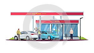 Gas station with people semi flat RGB color vector illustration