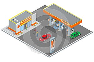 Gas station, petrol station. Refilling, shopping service. Refill station cars and customers. Business icon, Infographics photo