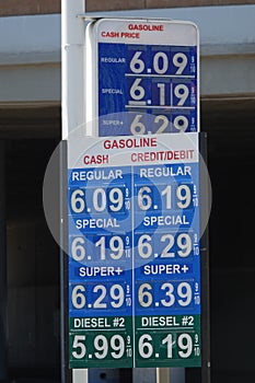 Gas Station Price Sign Showing Over $6 USD Per Gallon