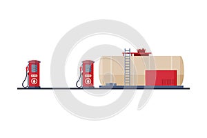 Gas Station Pump, Fuel Tank Storage Reservoirs, Gasoline and Petroleum Industry Equipment Flat Style Vector Illustration