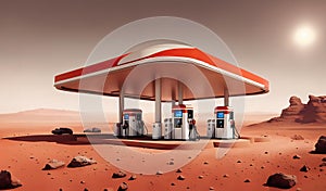 Gas station on the red planet Mars. Refueling vehicles in space, illuminating new lands