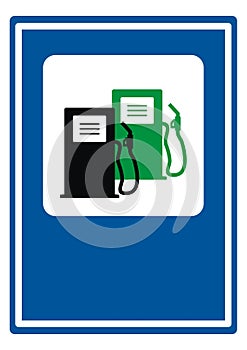 Gas station, road sign, black and green vector icon, blue background