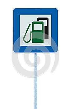 Gas Station Road Sign, Green Energy Concept, Gasoline Fuel Filling Traffic Service Roadside Signage Isolated Blue Petrol Fuel Tank