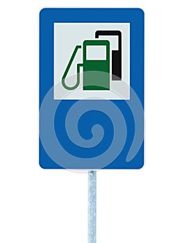 Gas Station Road Sign, Green Energy Concept Gasoline Fuel Filling Traffic Service Roadside Signage, Isolated Blue Petrol Fuel Tank