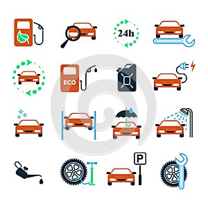 Gas station. Set of 16 color vector icons