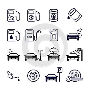 Gas station. Set of 16 monochrome vector icons