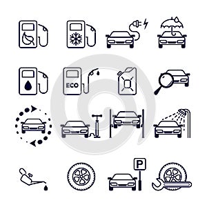 Gas station. Set of 16 monochrome vector icons