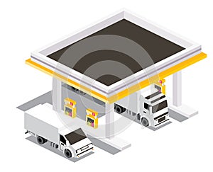 Gas Station with Trucks. Isometric Isolated Petroleum Filling Station