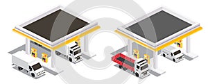 Gas Station with Trucks. Isometric Isolated Petroleum Filling Station