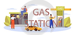 Gas station typographic header. Refueler in uniform working with a filling gun