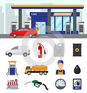 Gas station vector gasoline fuel or petrol and diesel for fueling cars illustration set of transportation refuel icons