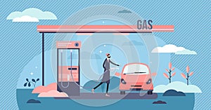 Gas station vector illustration. Fuel refill process in tiny person concept