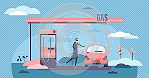 Gas station vector illustration. Fuel refill process in tiny person concept photo