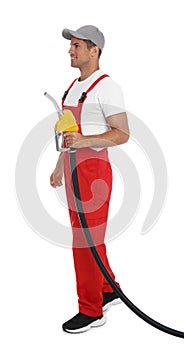 Gas station worker with fuel nozzle on white background