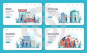 Gas station worker or refueler web banner or landing page set. Worker