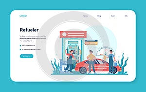 Gas station worker or refueler web banner or landing page. Worker