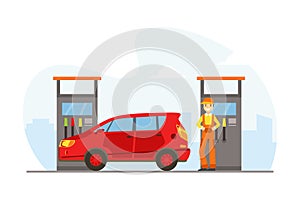 Gas Station Worker Standing next to Fuel Dispenser Filling up Fuel into Red Car Cartoon Vector Illustration