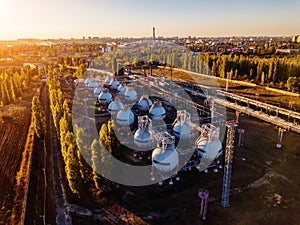 Gas storage sphere tanks in chemical plant, aerial view