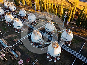 Gas storage sphere tanks in chemical plant, aerial view