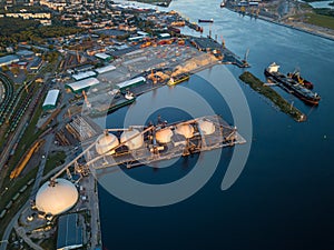 Gas storage terminal in the sea port. Baltic sea, Daugava river.