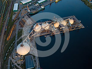 Gas storage terminal in the sea port. Baltic sea, Daugava river.