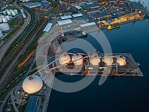 Gas storage terminal in the sea port. Baltic sea, Daugava river.