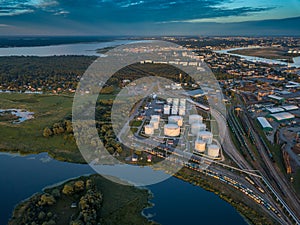 Gas storage terminal in the sea port. Baltic sea, Daugava river.