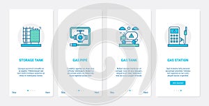 Gas storage, transportation line technology UX, UI onboarding mobile app page screen set