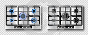 Gas stove with blue flame and black steel grate