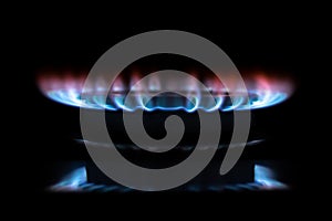 Gas stove burning in the kitchen, blue flames black background