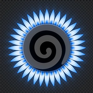 Gas stove flame. Realistic blue fire light effects. Vector burner plate flame isolated on transparent background